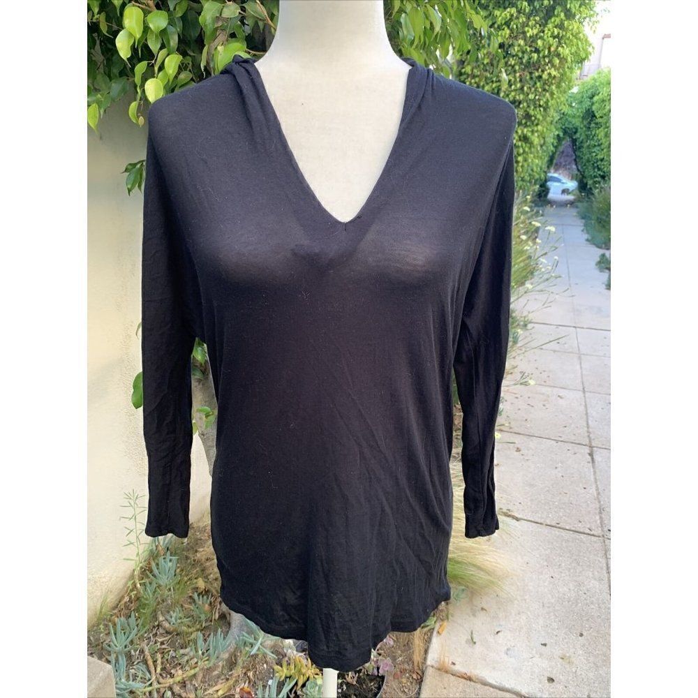 three dots womens solid black v neck long sleeve top small